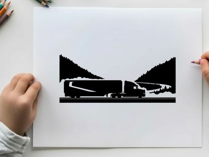 Truck driving through mountains in silhouette