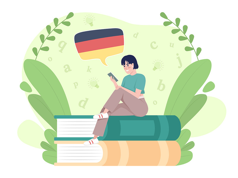 Learning German language with mobile app 2D vector isolated illustration