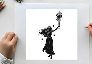 Silhouette of a woman holding a sword with flowers and butterflies