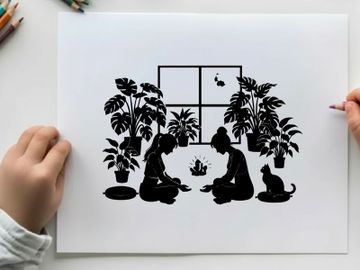 Silhouette of two people and cat by window with plants preview picture