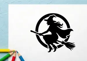 Silhouette of a witch flying on a broomstick at night with full moon