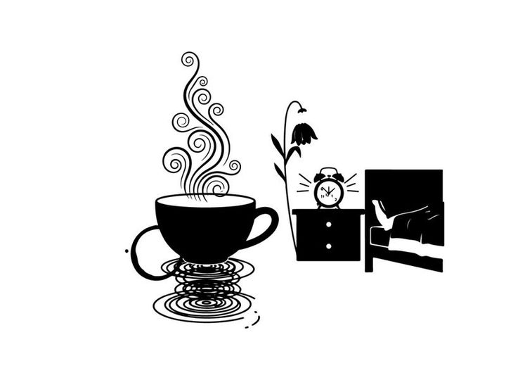 Silhouette of a steaming cup with flower and clock
