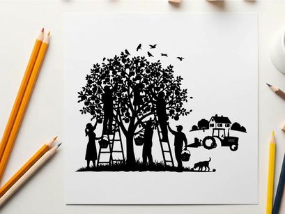 Silhouette of family picking fruit from trees with tractor