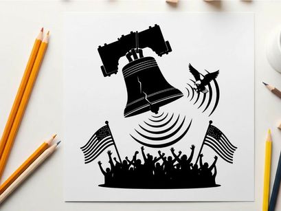 Liberty bell silhouette ringing out freedom with american flags and crowd