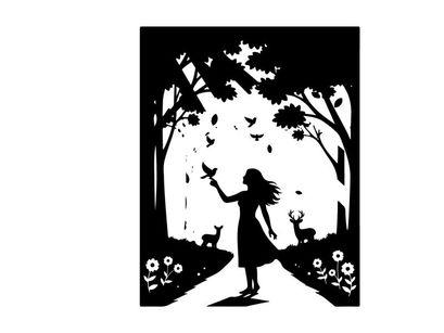 Silhouette of a girl in a forest with deer and flowers