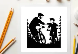 Silhouette of a man helping a boy with a bicycle in the woods
