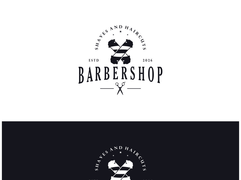 Barbershop logo vintage, retro, haircut, shaving, with scissors, shaving pole, comb, razor. for business, emblems, labels, barber shops, badges.