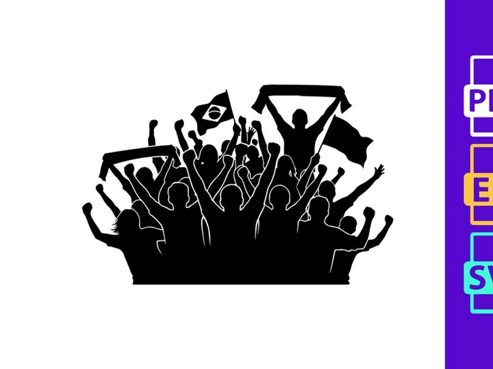 Silhouette of a cheering crowd with flags and banners at a sports event or festival