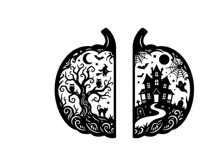 Intricate black and white paper cutout of a whimsical forest scene with a haunted house and moon