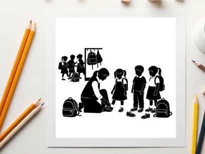 Silhouette of children and teacher in a school setting with backpacks
