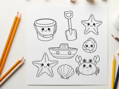 Cute sea animals and beach tools flat design vector illustration