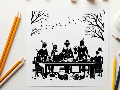 Black silhouette of family in thanksgiving dinner table setting