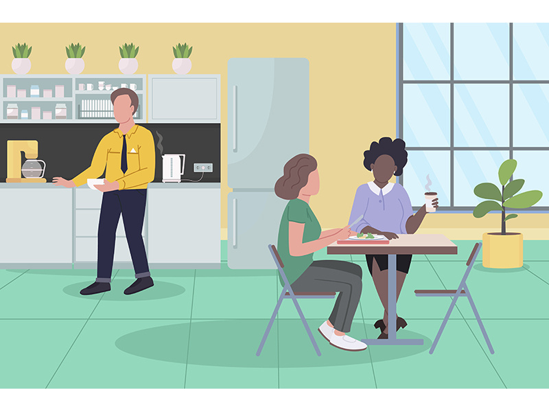 Office dinner break flat color vector illustration