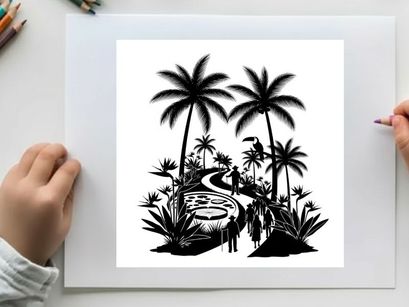 Tropical island silhouette with palm trees and winding path