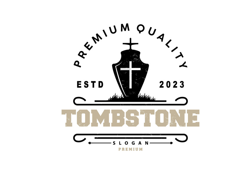 Tombstone Logo, Tomb Cemetery Cross, Vector Vintage Label, Retro Badge, Inspirational Design