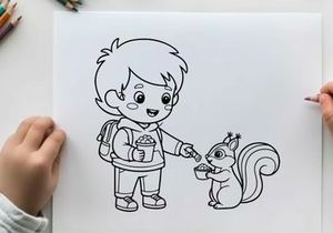 Boy feeding squirrel flat design vector illustration