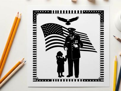 Patriotic silhouette of a police officer and child with american flag