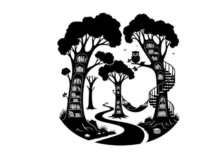 Whimsical forest silhouette with treehouses and winding path at dusk