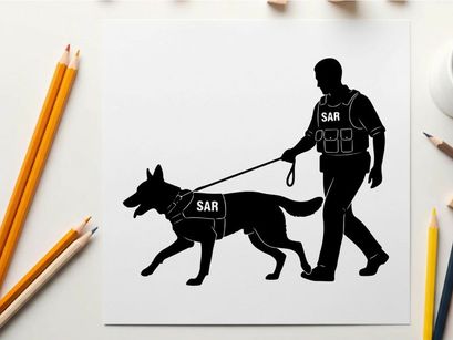 Silhouette of a man walking a search and rescue dog