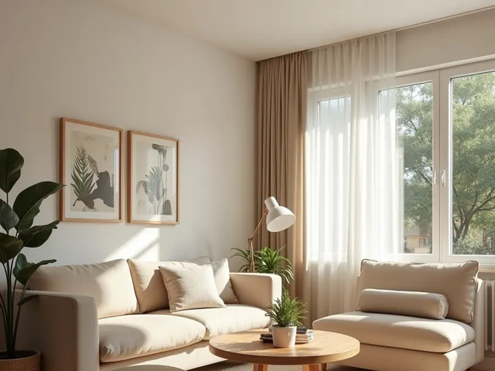 Modern cozy living room interior with sunlight, wooden furniture