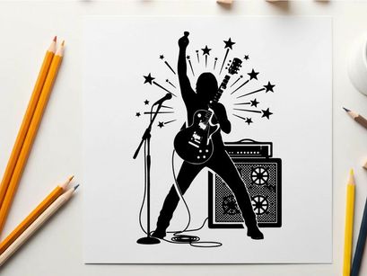 Silhouette of a rockstar playing electric guitar with silhouette