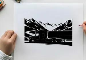 Truck silhouette driving through mountains