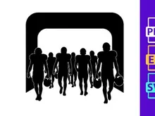 Silhouette of football players walking through an archway with bags