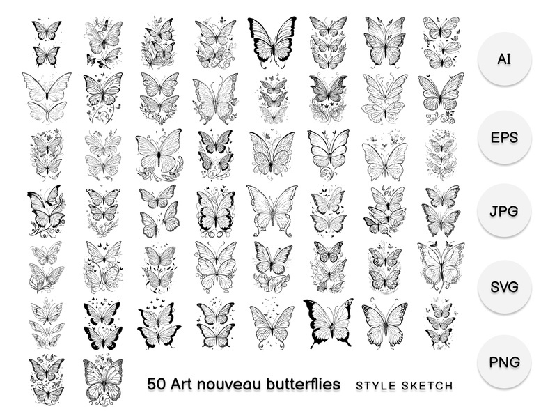 Art Nouveau Butterflies Element Black