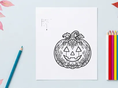 Halloween pumpkin coloring page. Decorative jack-o-lantern line art for kids and adults.