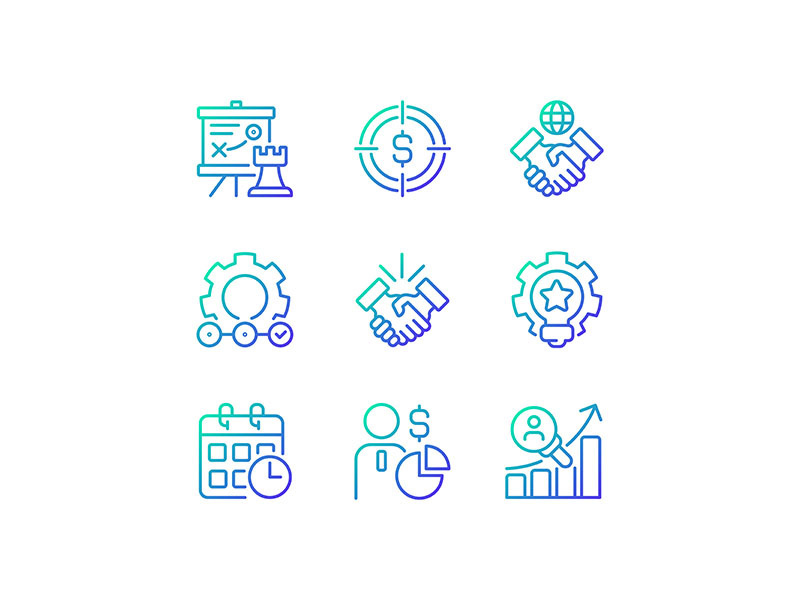 Business activities gradient linear vector icons set