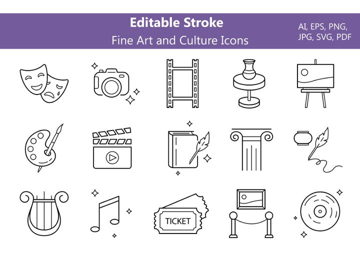 Art and Culture Editable Line Icons Set