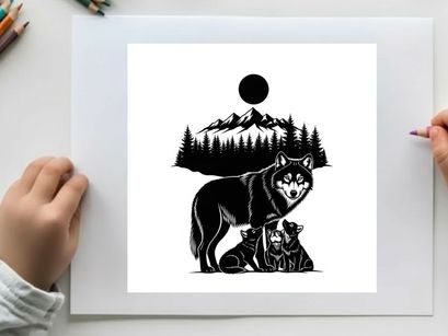 Silhouette of a wolf and her pups in front of a mountainous landscape silhouette