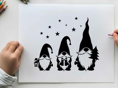 Three gnomes silhouette under starry night sky