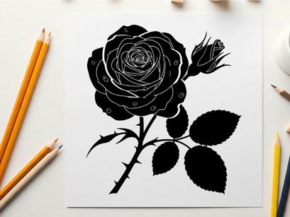 Silhouette of a blooming rose with leaves and thorns