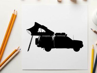Silhouette of a pickup truck with a tent on the back