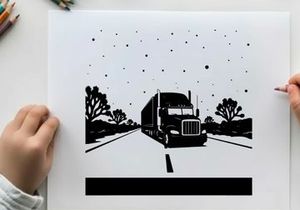 Silhouette of a semi truck driving down a road with trees on a snowy night