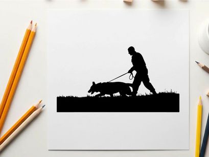 Man walking dog in silhouette against white background