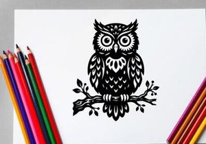 Stylized black and white owl illustration for design and branding