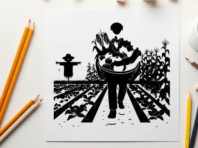 Silhouette of farmer carrying harvest basket in a field