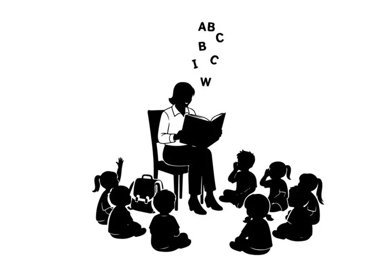 Silhouette of teacher reading to children in a classroom setting