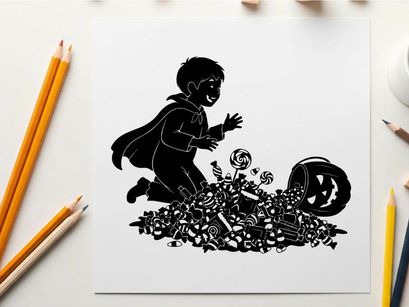 Silhouette of a child in a cape looking at a pile of toys silhouette