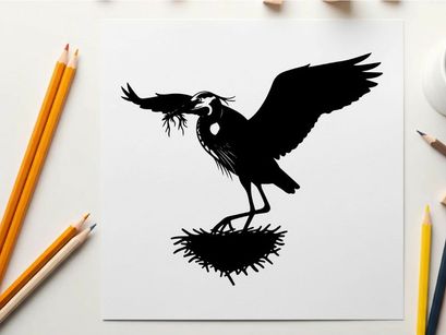 Silhouette of a bird building nest with twigs and branches