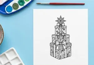 Caixas de presente de Natal empilhadas com topo de estrela, ilustração em arte de linha preto e branco.