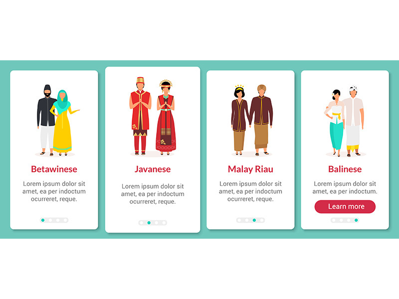 Indonesian ethnic groups onboarding mobile app screen vector template