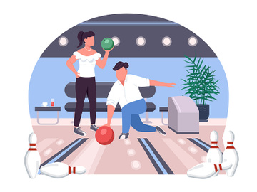 Couple in bowling alley 2D vector web banner, poster preview picture