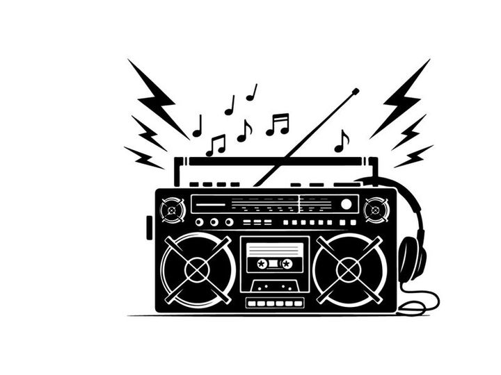 Retro boombox silhouette with music notes and headphones