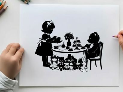 Vintage silhouette of teddy bear and girl having tea