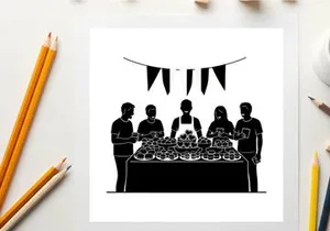 Silhouette of people at a buffet table with bunting