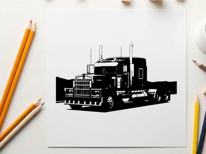 Silhouette of a large semi truck on a white background