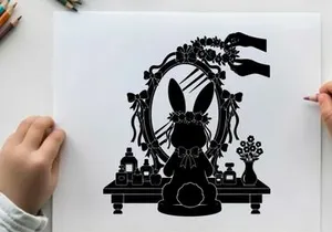Silhouette of a rabbit in front of a vanity mirror with flowers